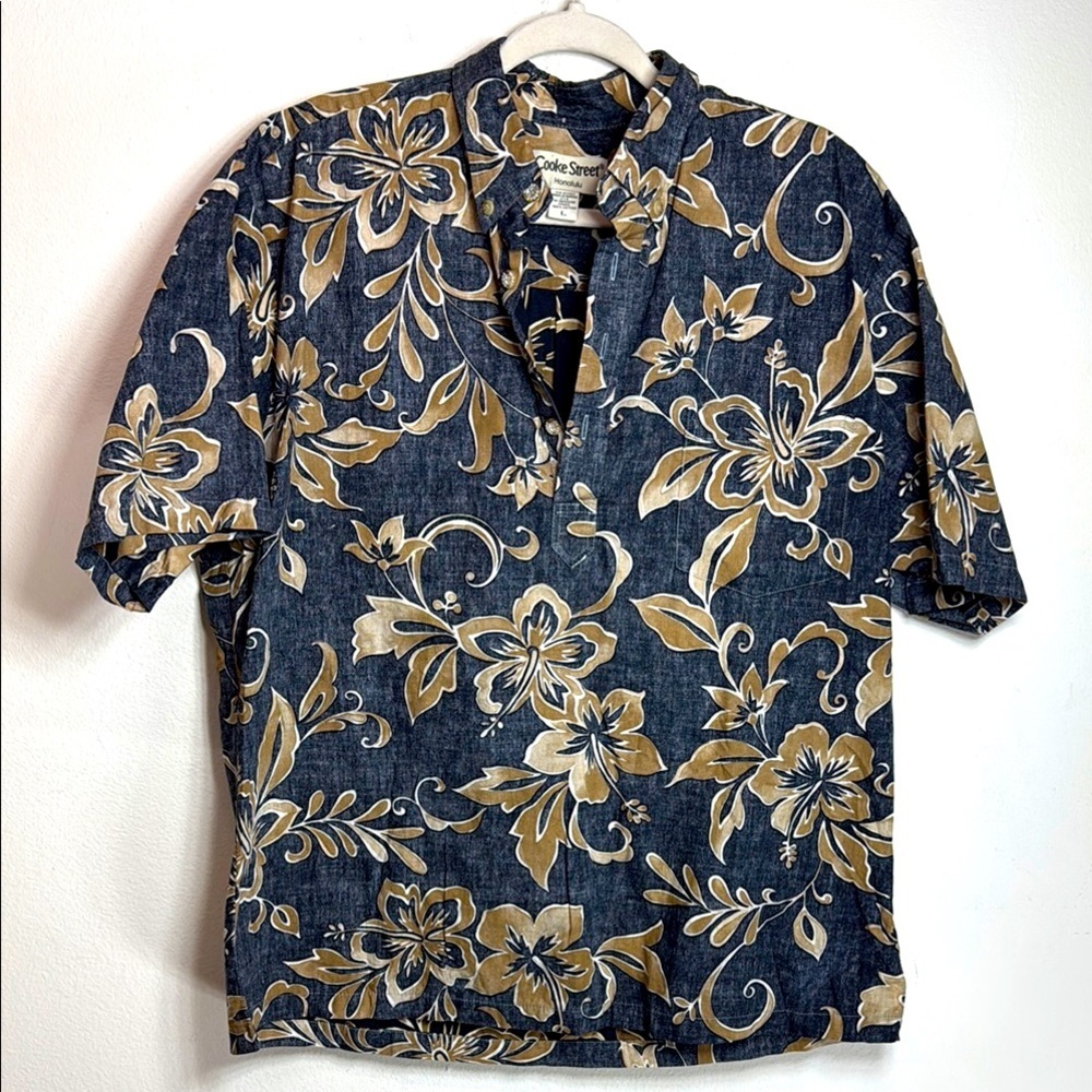 (P) Cooke Street Men's Floral Print Cotton Hawaiian Shirt, Size L, Blue/Brown